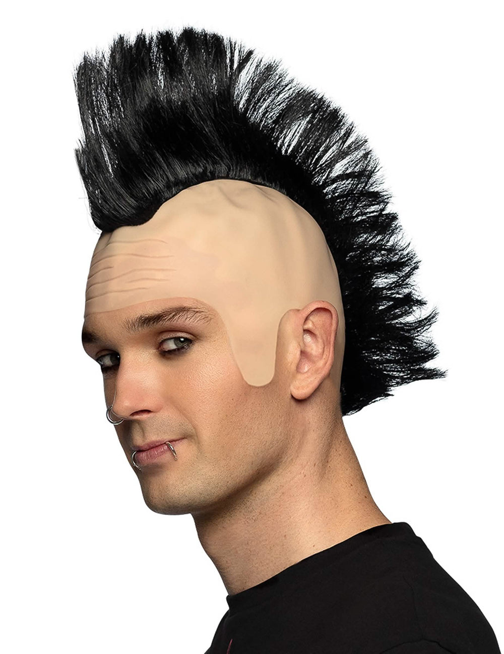 Perucă punk cu moț pentru bărbat, neagră, cu craniu chel
