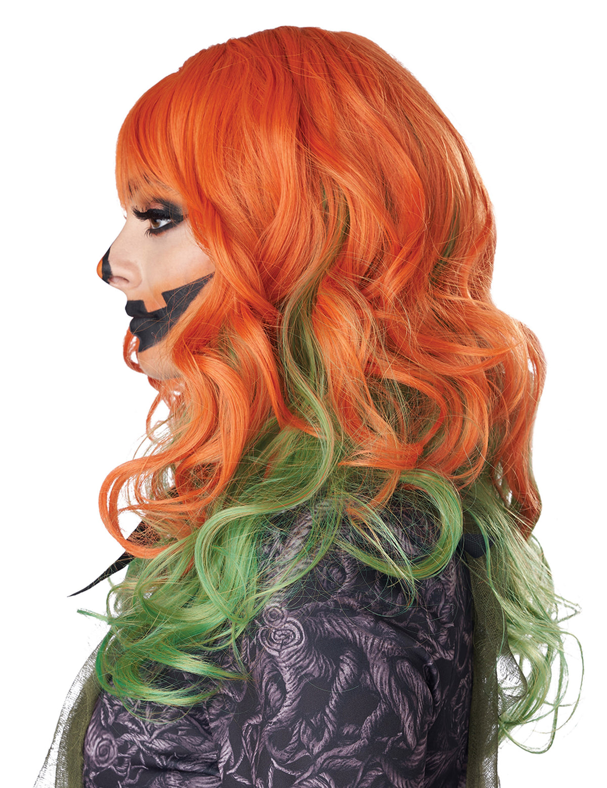 Vue de profil de la perruque pour femme rousse et verte