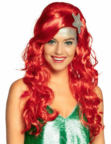 Perruque sirène avec étoile de mer pour adulte rouge longue et bouclée