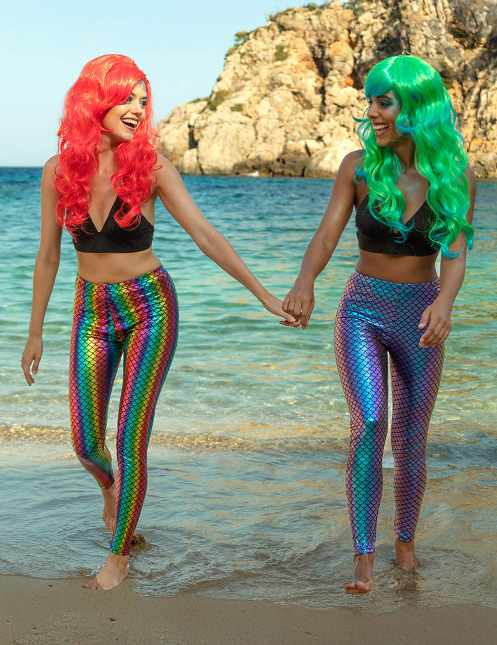 Ședință foto pe plajă cu peruca sirene roșu cu stea de mare pentru adult