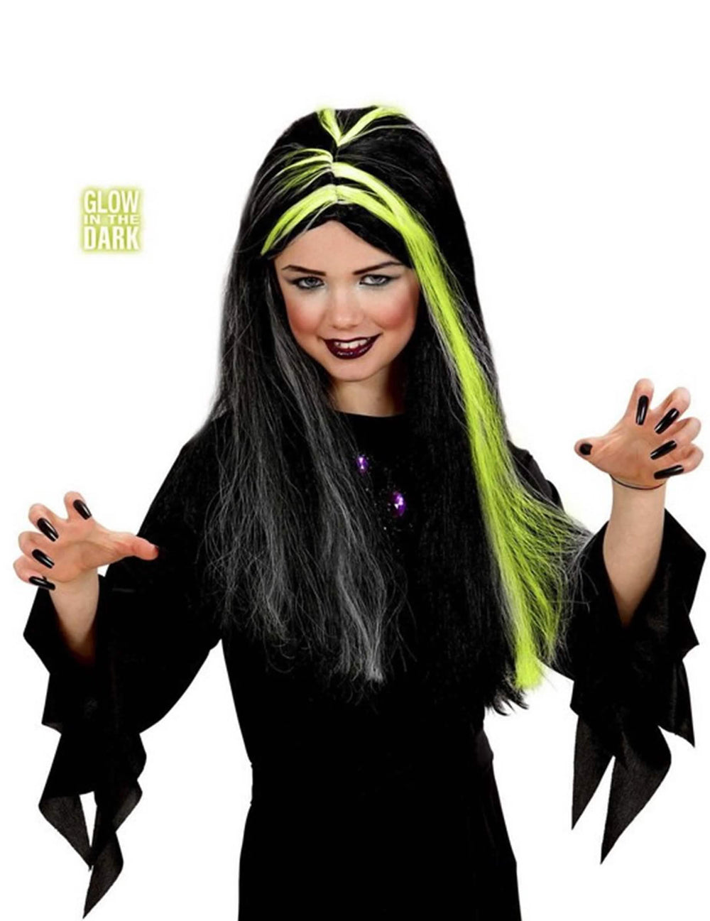 Perucă de vrăjitoare halloween pentru fată, neagră și albă, fosforescentă