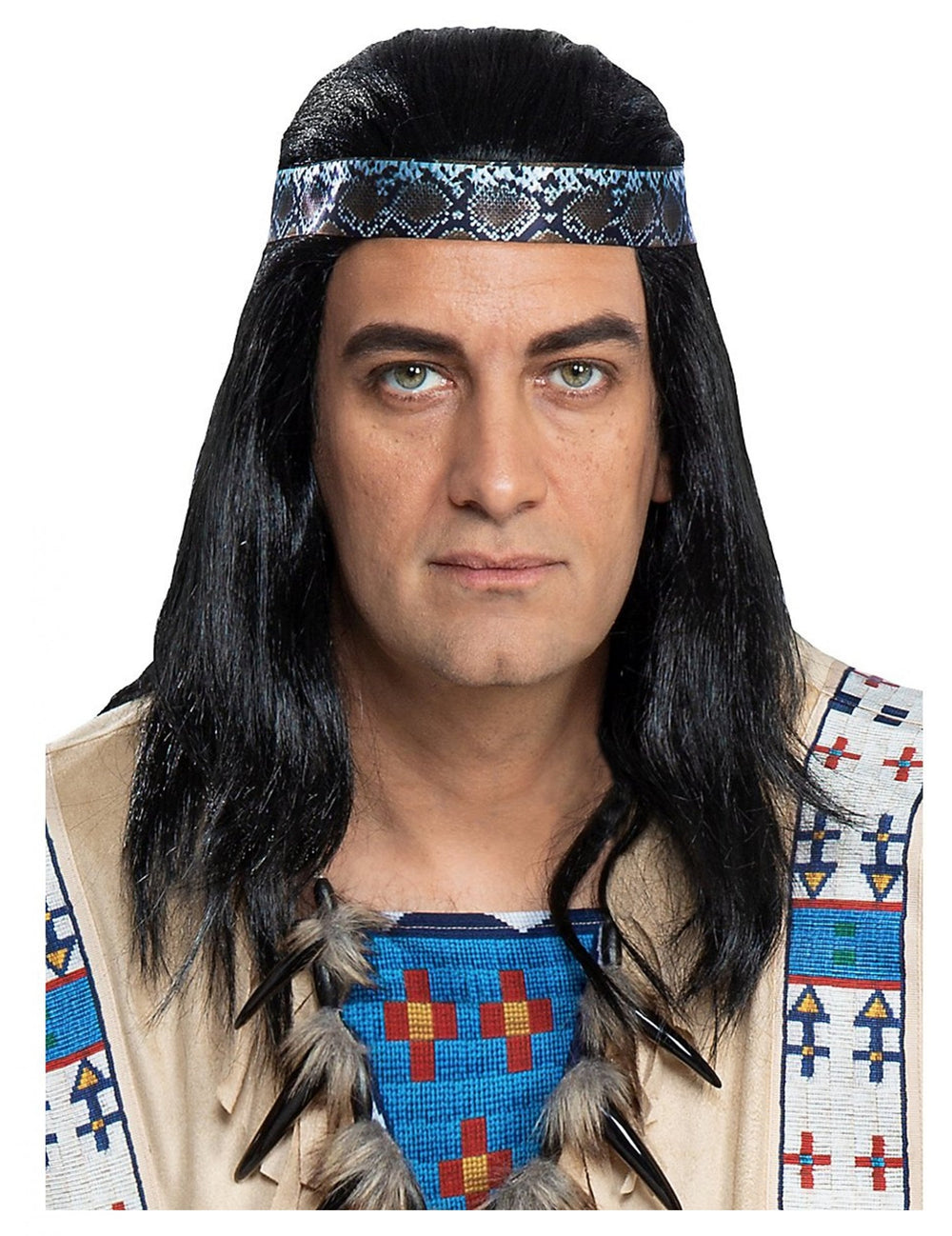 Perruque Winnetou pour adulte noire avec bandeau à motifs peau de serpent