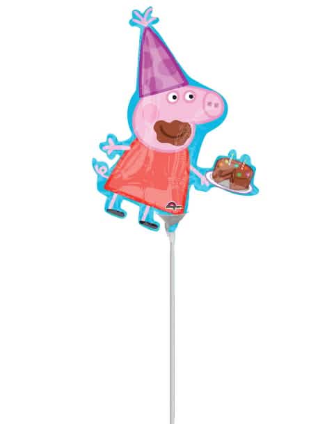Balon din aluminiu Peppa Pig pentru copil roz cu pălărie de petrecere și tort de ciocolată