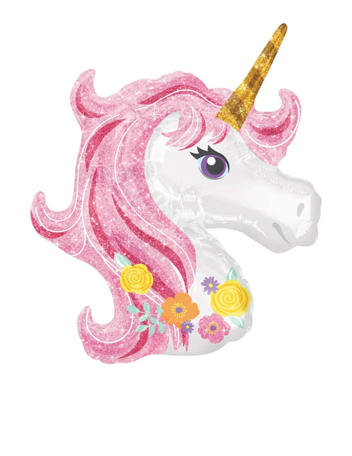 Balon mic din aluminiu cu cap de unicorni înflorat pentru copil alb și roz cu corn auriu