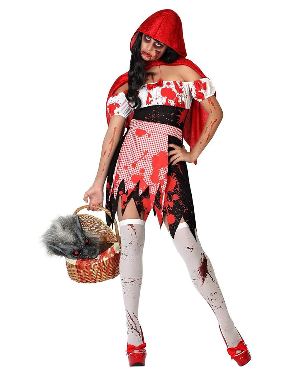 Costum de scufița roșie zombi pentru femeie roșu și negru plin de sânge