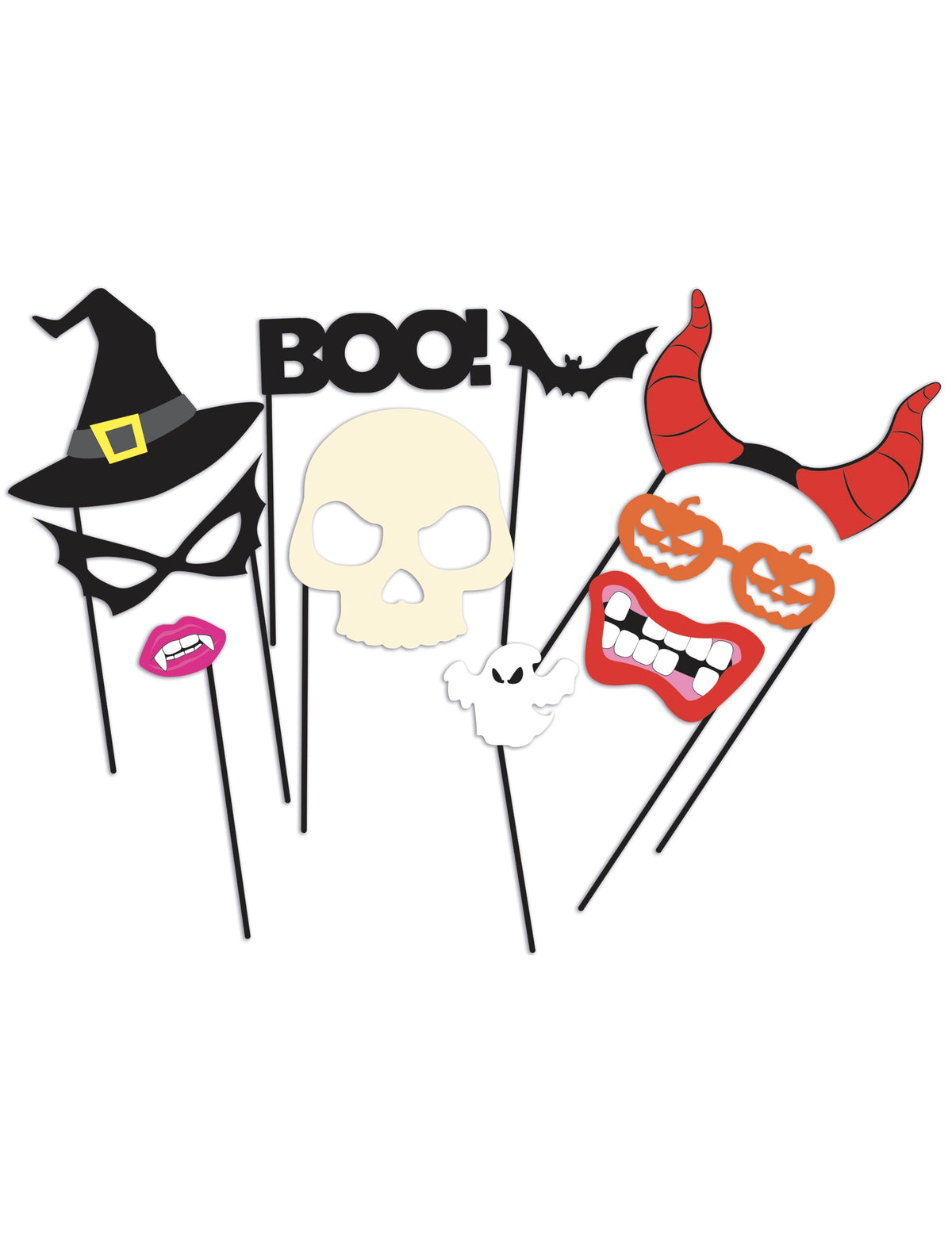 Photobooth 10 accessoires Halloween pour fête multicolore avec chapeau de sorcière crâne et cornes de diable