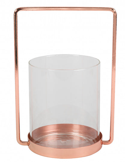 Suport lumânare din sticlă cu ramă aurie roz, 19,5 cm alamă elegantă