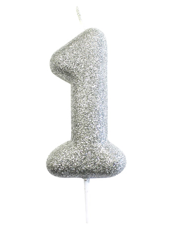 Lumânare argintie sclipitoare numărul 1 pe băț 7 cm pentru tort