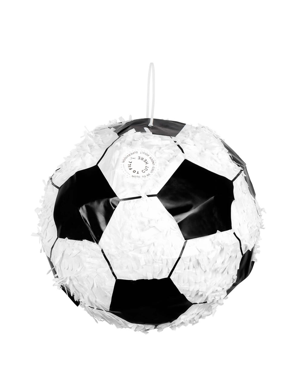 Detaliu al deschiderii de umplere a piñatei în formă de minge de fotbal