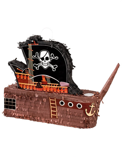 Piñata bateau de pirate pour enfant marron et noir avec voile tête de mort