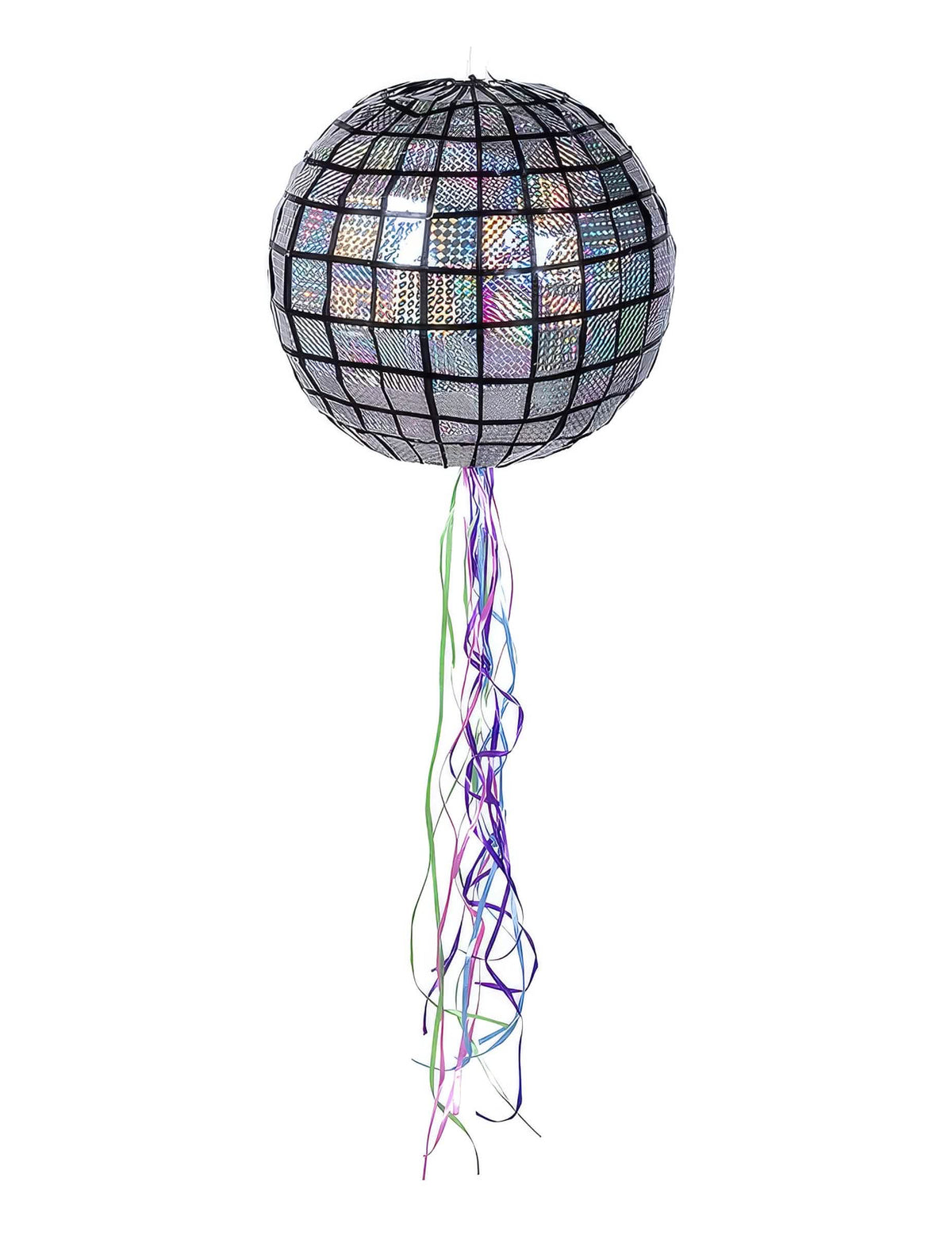 Piñata disco în formă de glob cu oglindă, argintie, cu panglici colorate