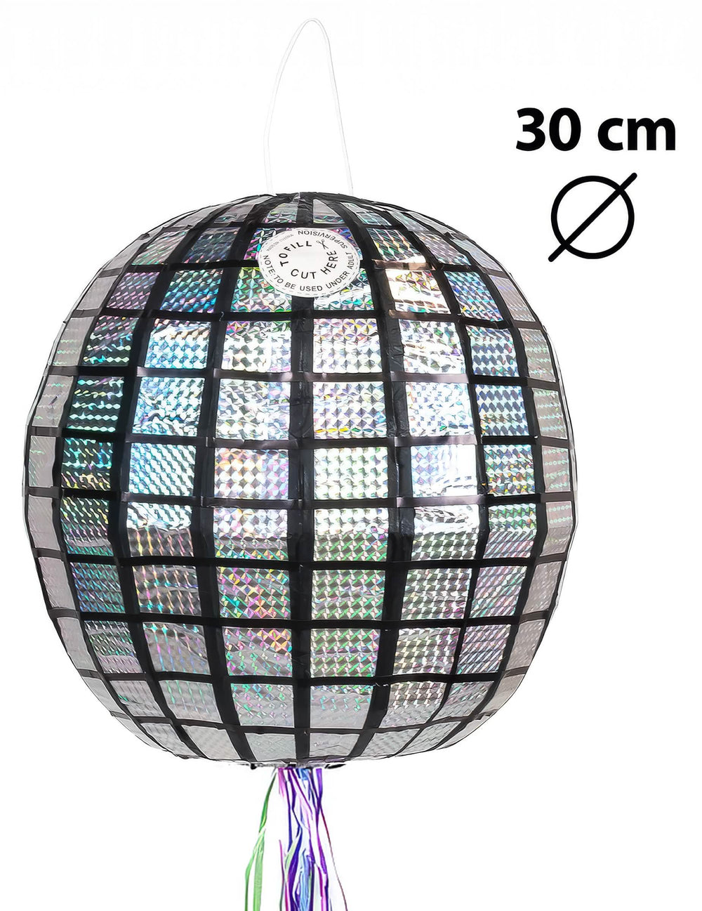 Dimensiuni și sistem de prindere al piñatei disco cu bilă cu fațete