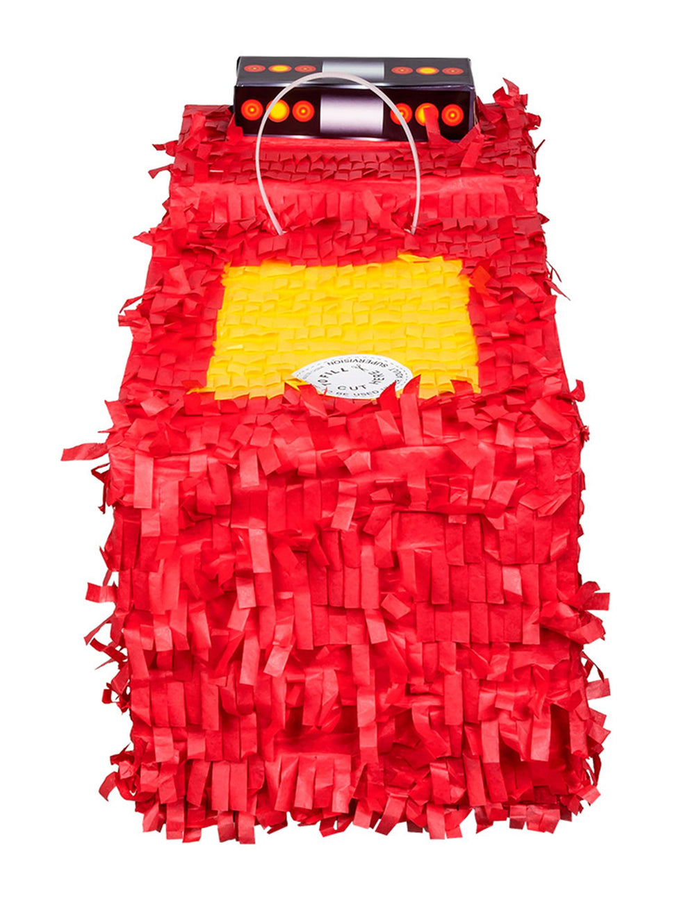 Vue de dessus avec l'anse et l'ouverture de remplissage de la piñata camion de pompier
