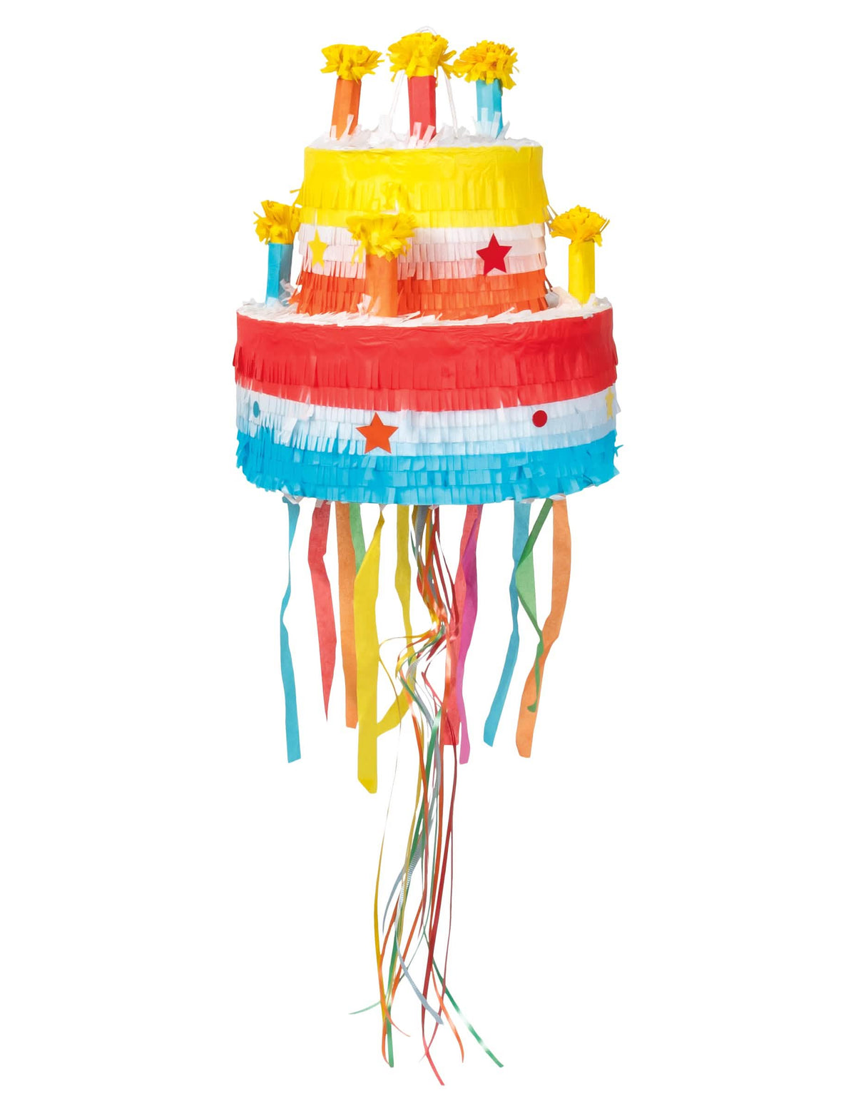 Piñata tort de aniversare pentru copil multicolor cu lumânări și panglici