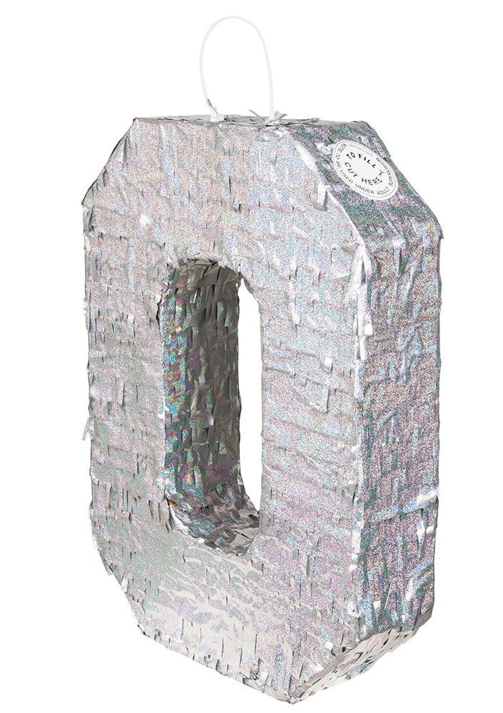 Pinată holografică argintie, numărul 0, 40 x 28 x 8 cm pentru petrecere