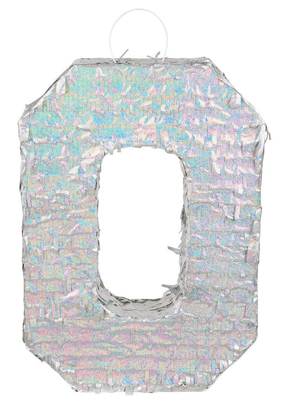 Pinată holografică argintie, numărul 0, 40 x 28 x 8 cm pentru petrecere