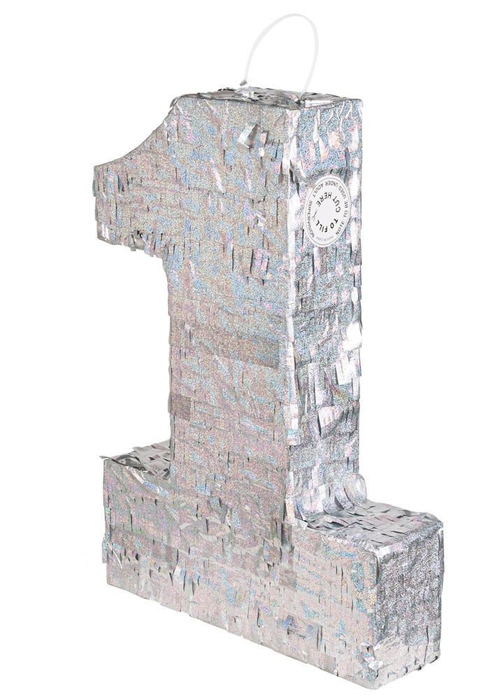 Pinată holografică argintie, numărul 1, 40 x 28 x 8 cm festiv