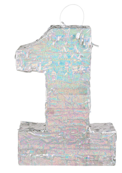 Pinată holografică argintie, numărul 1, 40 x 28 x 8 cm festiv