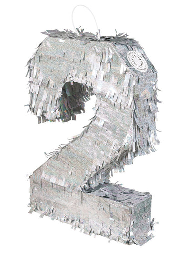 Pinată holografică argintie, numărul 2, 40 x 28 x 8 cm pentru ziua de naștere