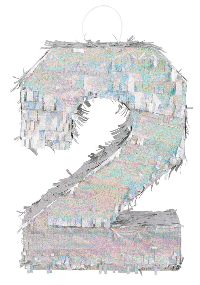 Pinată holografică argintie, numărul 2, 40 x 28 x 8 cm pentru ziua de naștere