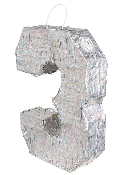 Pinată holografică argintie, numărul 3, 40 x 28 x 8 cm pentru ziua de naștere