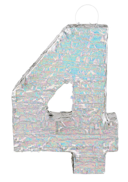 Pinată holografică argintie, numărul 4, 40 x 28 x 8 cm pentru petrecere