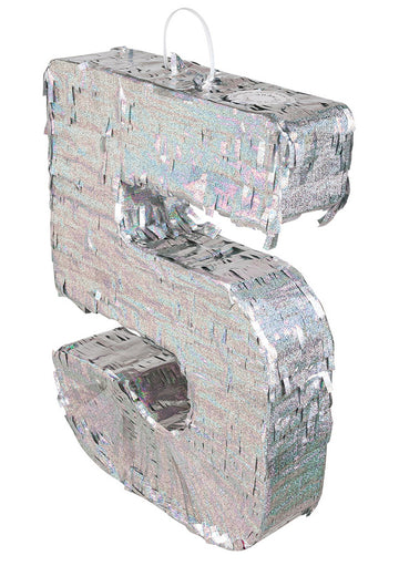 Pinată holografică argintie, numărul 5, 40 x 28 x 8 cm pentru ziua de naștere