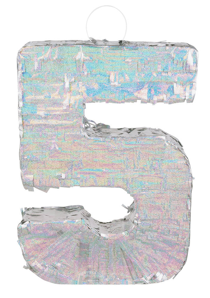 Pinată holografică argintie, numărul 5, 40 x 28 x 8 cm pentru ziua de naștere