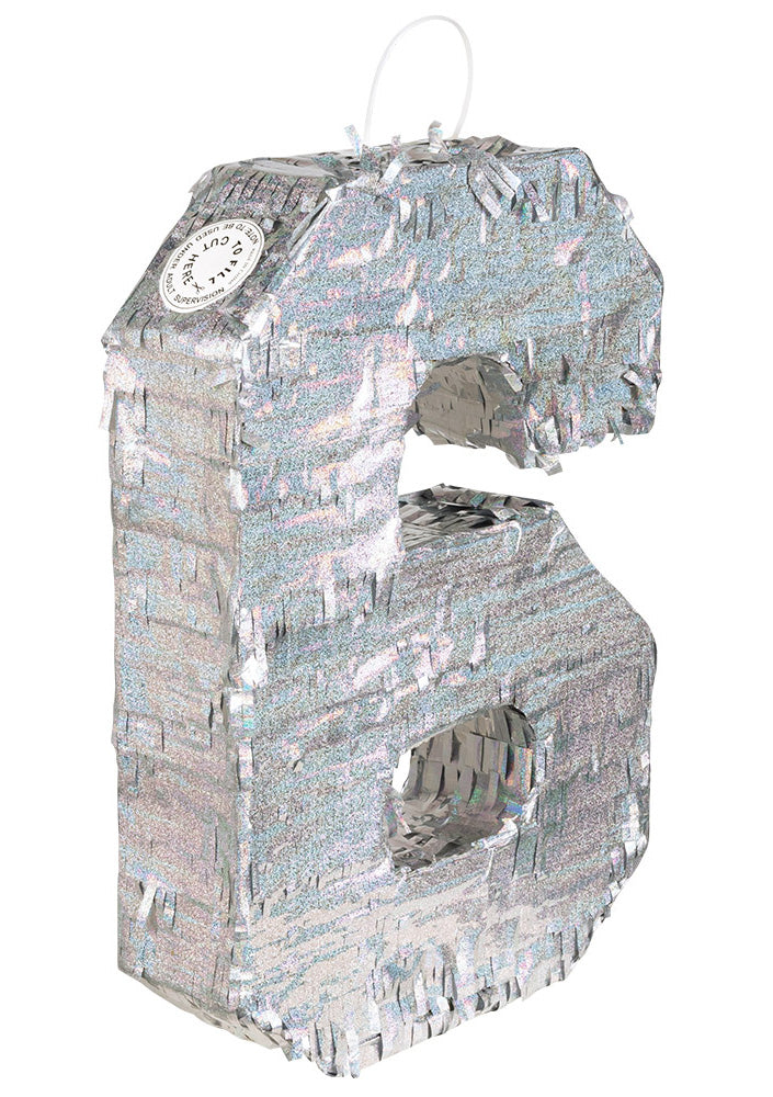 Pinată holografică argintie, numărul 6, 40 x 28 x 8 cm a umple