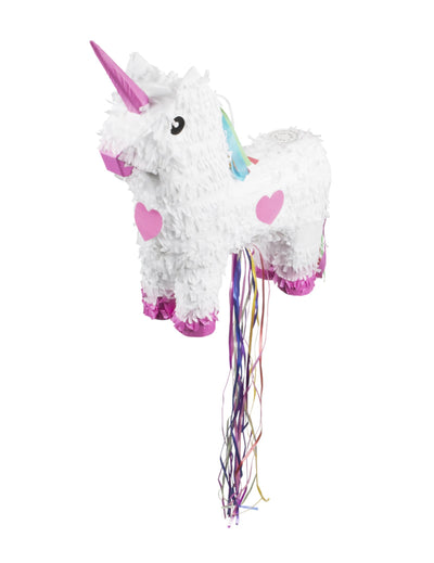 Pinata licorne pour enfant blanche et rose avec rubans multicolores