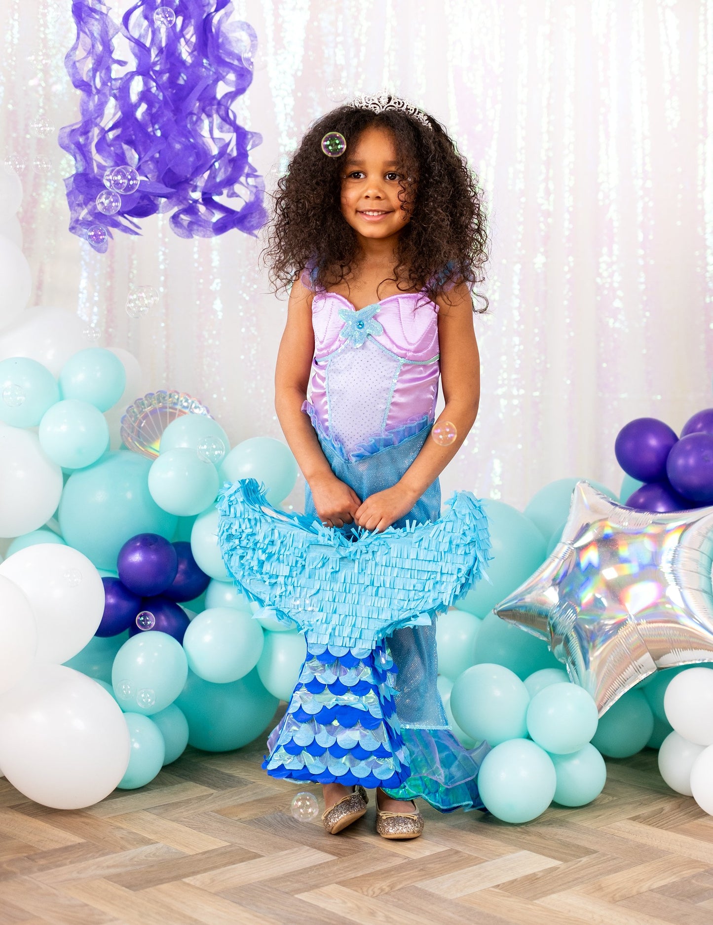 Piñata cu coadă de sirenă 40 x 45 x 9 cm albastru iridescent