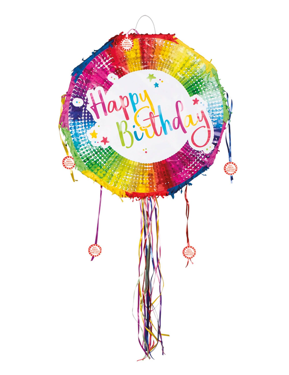 Piñată rotundă Happy Birthday pentru copil multicolor cu panglici de tras
