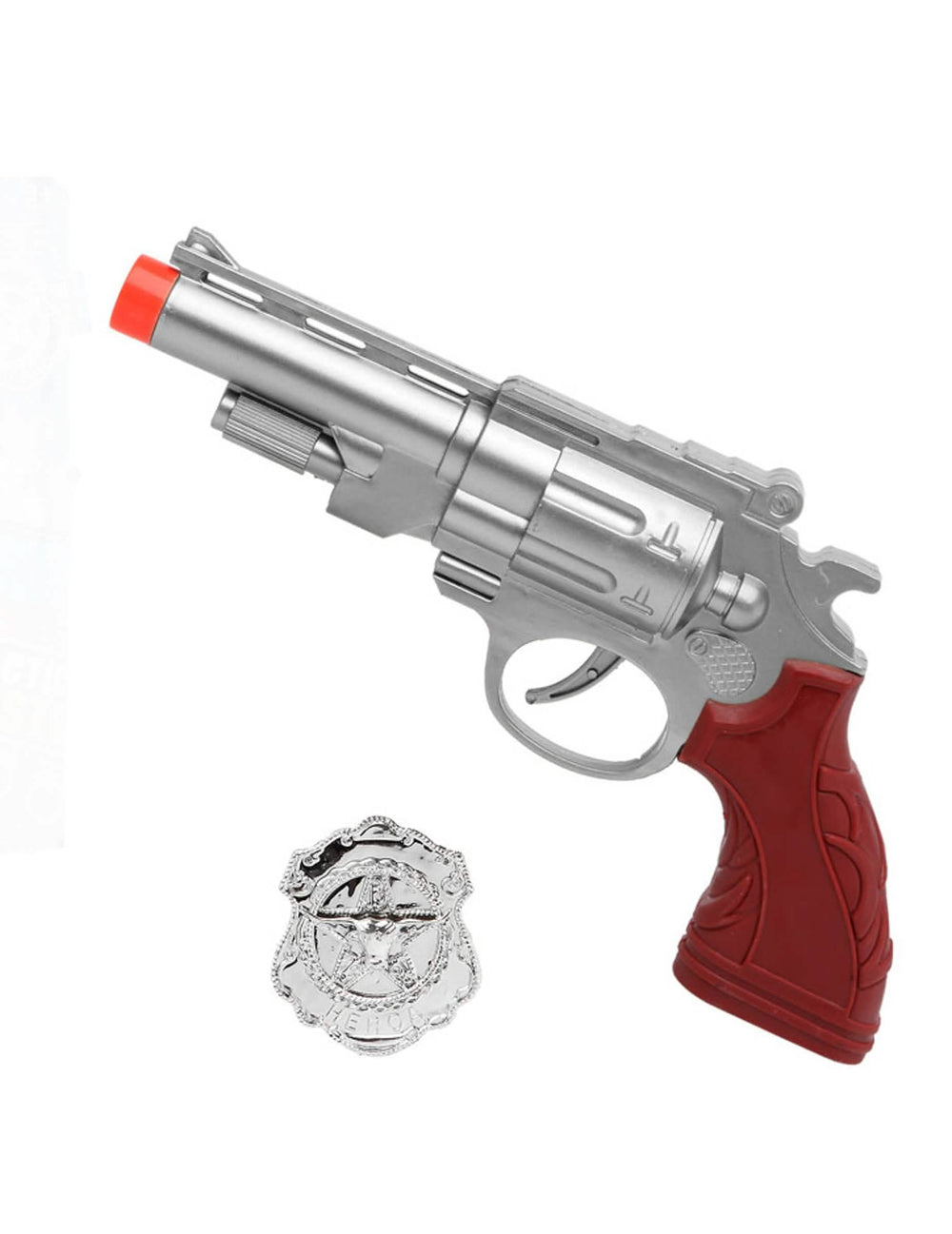 pistol de poliție pentru copil argintiu cu placă și crosă maro