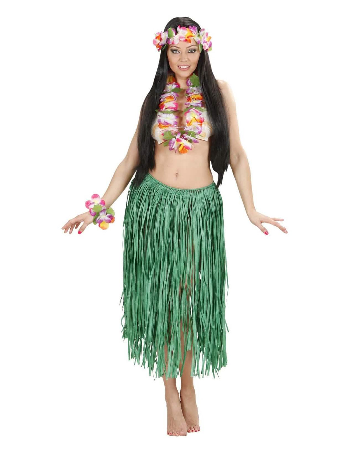 Set hawaii cu flori pentru adult verde cu fustă lungă