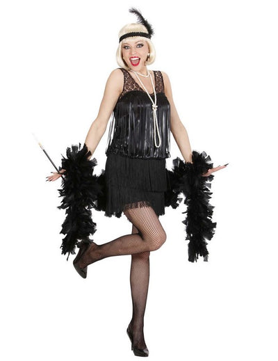 Costum charleston pentru adult negru cu franjuri, boa și bentiță cu pană
