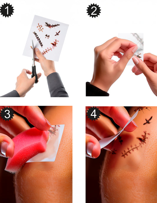Étapes d'application de la planche de tatouages cicatrices et sutures