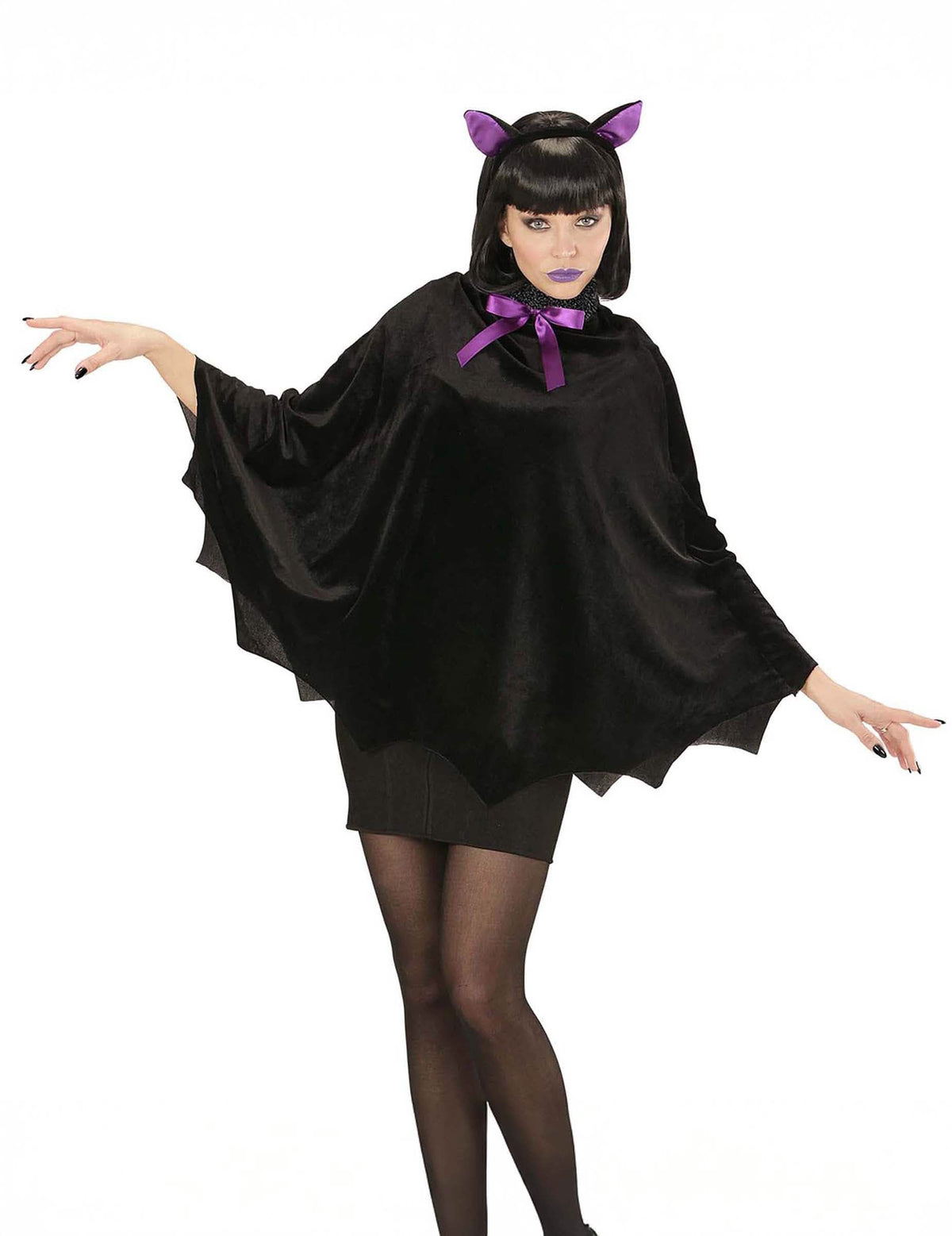 Poncho chauve souris pour femme noir avec serre-tête et nœud violets