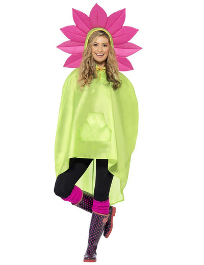 Poncho fleur pour adulte vert et rose avec capuche pétales