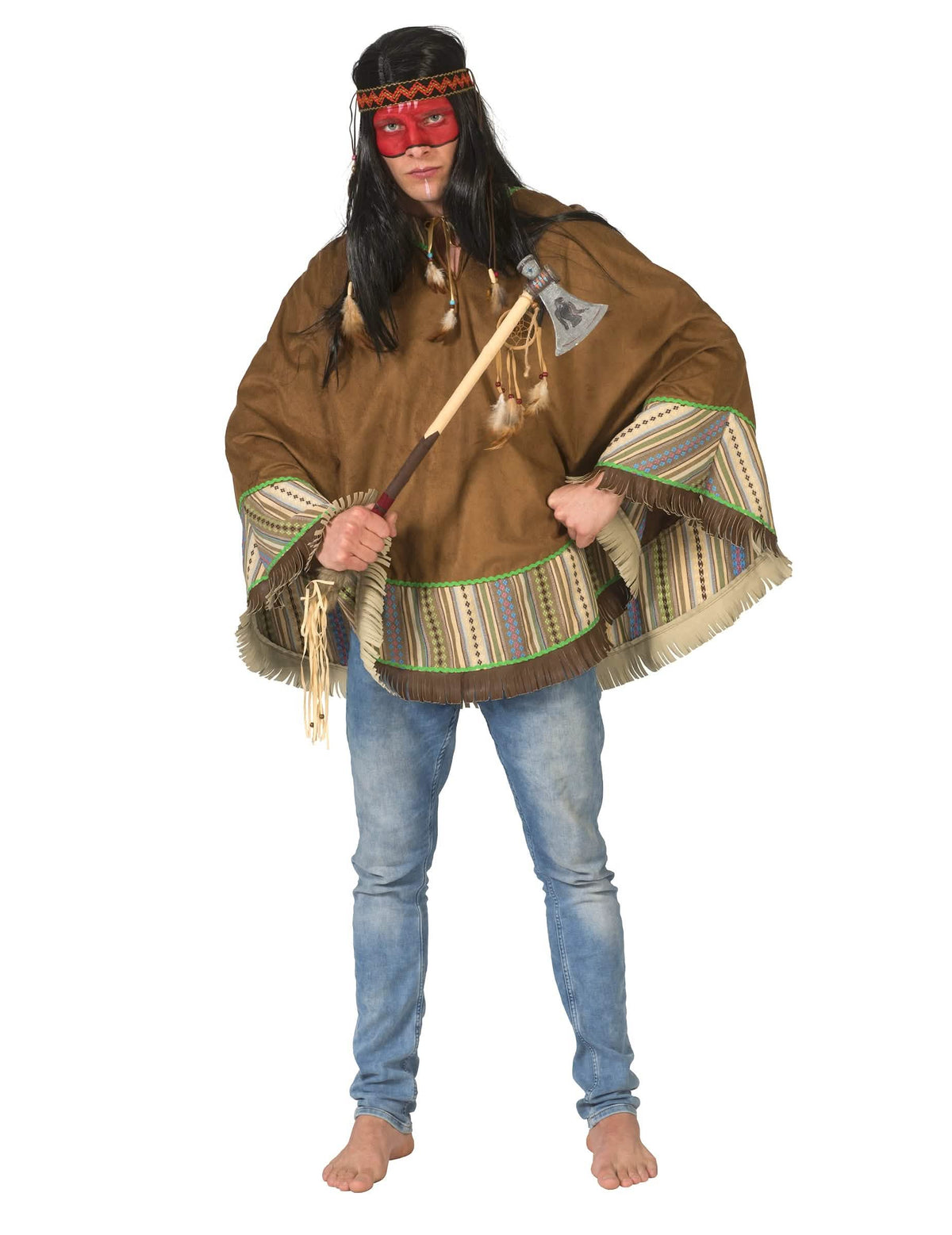 Poncho indian lux pentru adult maro cu motive etnice și franjuri