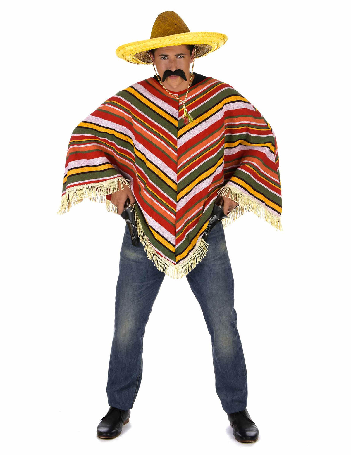 Poncho mexican pentru adult cu dungi roșii, verzi și galbene cu franjuri