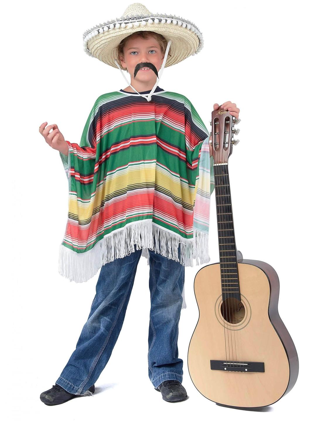 Poncho mexican pentru copil multicolor cu dungi și franjuri albe