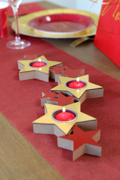 Suport de lumânare din lemn și metal cu stele roșii și aurii, 40 x 13 x 2 cm Decorațiuni de Crăciun