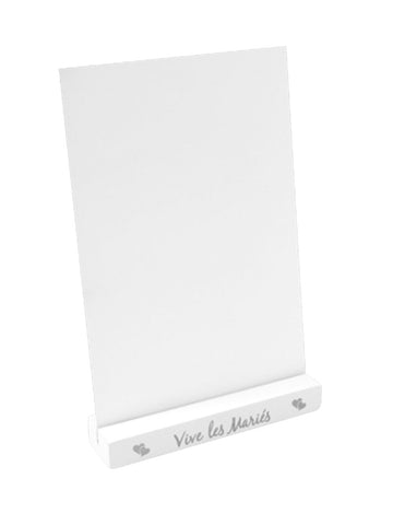 Porte menu en bois Vive les Mariés pour mariage blanc et argenté