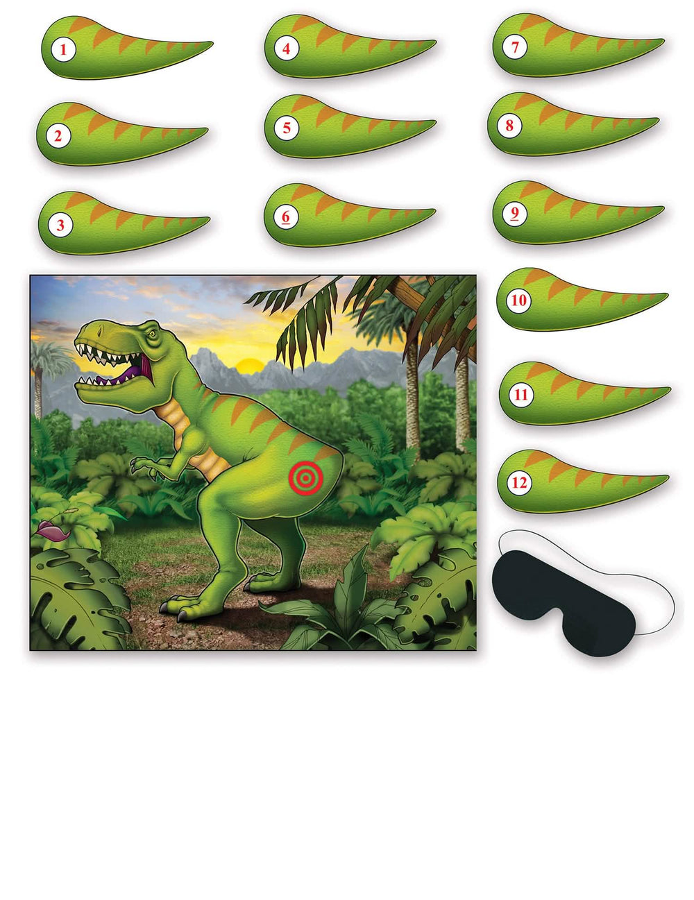 Joc de petrecere dinozaur pentru copii verde cu cozi numerotate și bandă neagră
