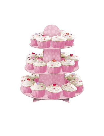 Présentoir à cupcakes à pois rose 3 étages en carton