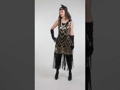 Costum de carnaval Charleston negru și auriu cu paiete, de lux, pentru femei 