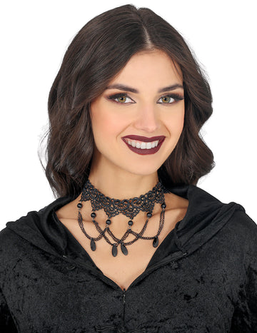 Ras de cou dentelle et chainettes noir