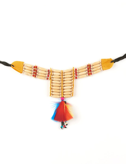 Ras de cou indien pour femme beige avec perles et plumes multicolores