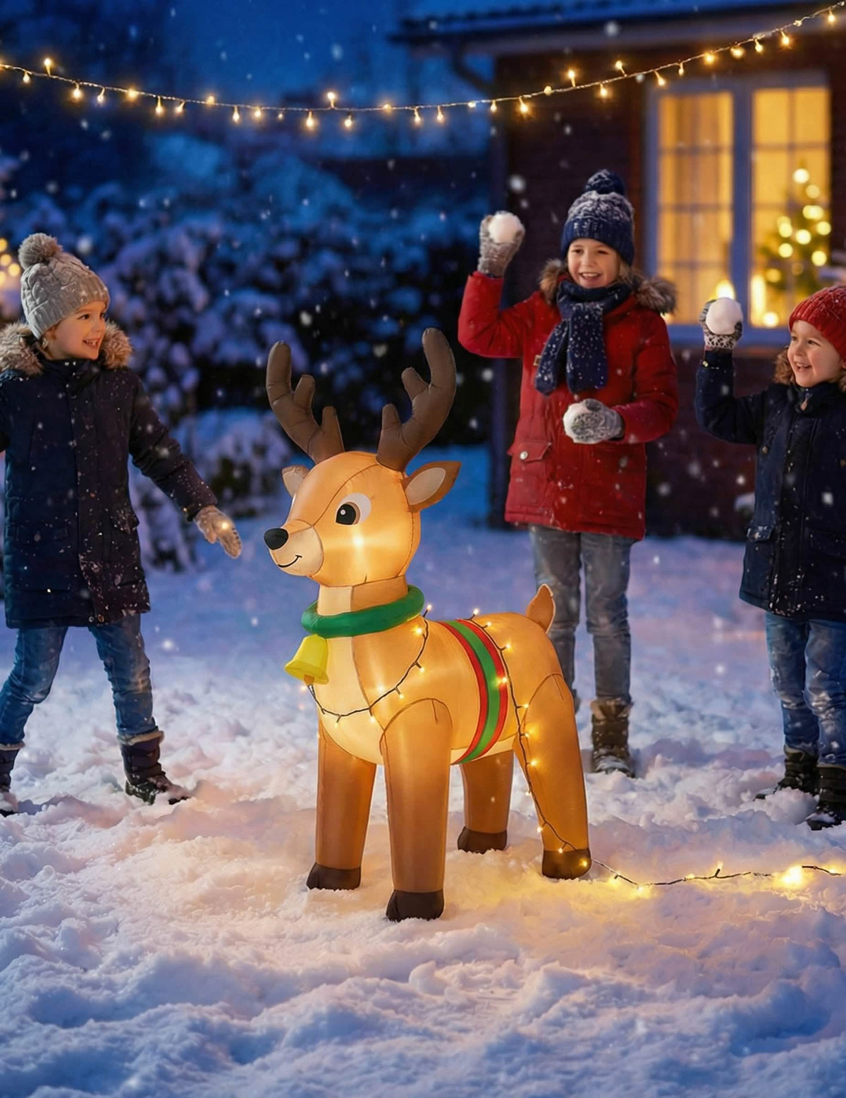 Ren cară-mă moș crăciun gonflabil și luminos pentru decor de grădină maro cu colier verde și clopoțel galben