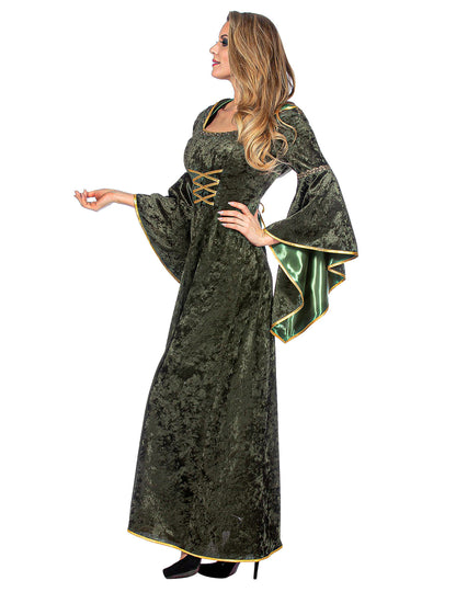 Robe médiévale longue à capuche verte luxe femme